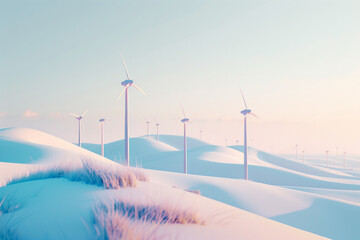 Explore eco-friendly solutions with 3D rendering of wind power generating poles on a majestic mountain, promoting clean energy for a sustainable world