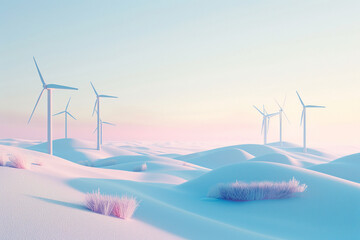 Discover the future of sustainable energy with 3D rendering of wind power generating poles standing proudly on a mountain, showcasing green innovation