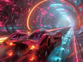 Underground racing in futuristic metropolis neon tunnels
