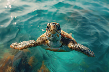 A sea turtle gracefully navigates through turquoise ocean depths, embodying elegance and resilience in its aquatic domain.