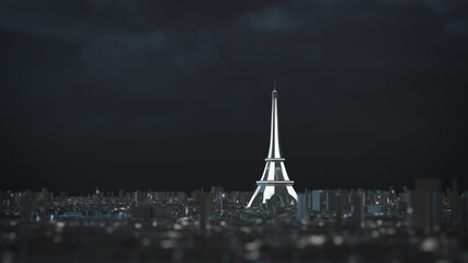 Paris with Eiffel Tower as a 3D model at night with illuminated Eiffel Tower and lights in the city