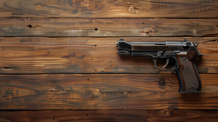 A handgun resting on a rustic wooden table, invoking themes of safety, danger, or law enforcement