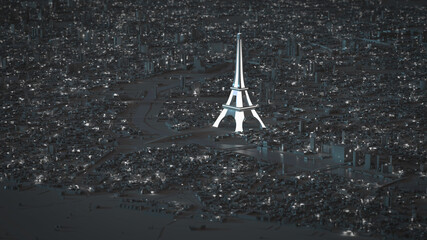 Aerial view of Paris as a 3D modell at night with illuminated Eiffel Tower and lights in the city