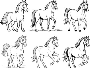 Horse set hand drawn coloring page and outline vector design

