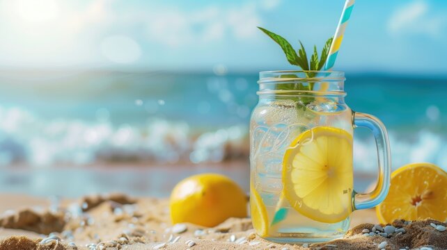 Refreshing lemonade in mason jar beside lemons on sunny beach with soft waves