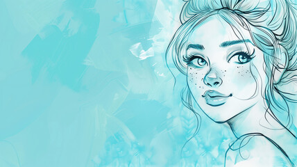 Artistic sketch of a young woman's face on a teal background, symbolizing beauty and creativity