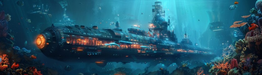 Undersea exploration base retro-futuristic subs - obrazy, fototapety, plakaty