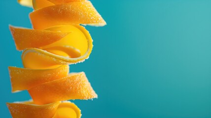 Spiraling orange peel towers on turquoise background, a playful twist on food art
