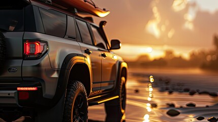 SUV with kayaks on the roof rack. Natural light highlights the texture of the kayaks and the ruggedness of the SUV, adding depth and dimension to the image. - obrazy, fototapety, plakaty