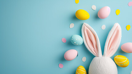 Easter party concept. Top view photo of easter bunny ears white pink blue and yellow eggs on isolated pastel blue background with copyspace in the middle