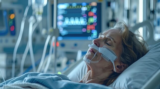 Middle aged woman lies in a coma in a hospital ward, connected to life support equipment, monitors. Generative AI.