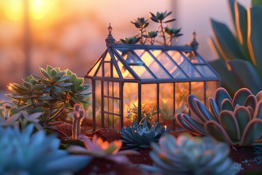 A hyper-realistic miniature glasshouse surrounded by a meticulously detailed succulent garden under the soft glow of sunset, creating a tranquil and inviting atmosphere.