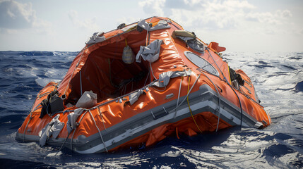 A close-up of a large enclosed orange inflatable life raft floating in the center of the ocean. - obrazy, fototapety, plakaty