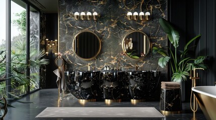 The bathroom is decorated with high quality and luxurious materials such as exquisite black marble and matte finishes. Rich textures convey the richness and sophistication of a space.