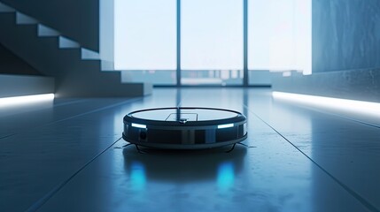 the robot vacuum cleaner from the middle ground and from above to effectively demonstrate its design and functionality. This angle allows viewers to see the robot vacuum cleaner in action.