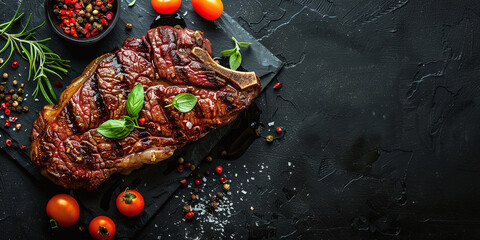 top view grilled steak with pepper herbs and tomatoes on stone black surface, flat lay with copy space, roast beef restaurant concept - Powered by Adobe