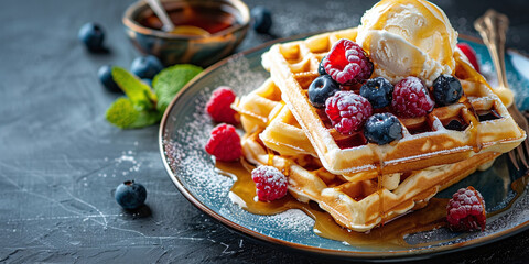 belgian waffles with ice cream and fresh berries. close up square waffles with raspberries...