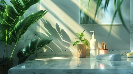 lighting simulates natural daylight to highlight the true colors and textures of tropical green leaves and beauty products. - obrazy, fototapety, plakaty