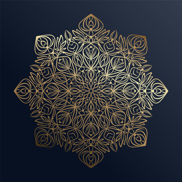 Hand drawn floral gold ornamental mandala with patterns, curls, flowers, leaves. Decorative golden gradient pattern, vintage ornament. Oriental vector illustration isolated on dark blue background