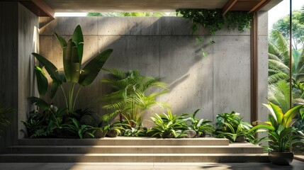 The lighting in the room matches natural light to bring out the texture of the concrete wall and the lush greenery of the tropical plants.