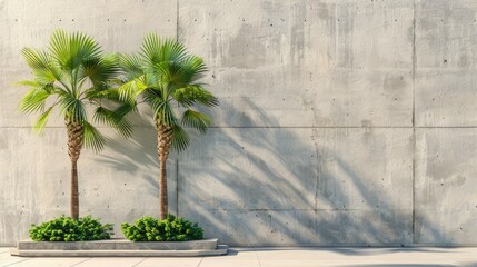 The lighting in the room matches natural light to bring out the texture of the concrete wall and the lush greenery of the tropical plants. - obrazy, fototapety, plakaty