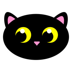 Cartoon black cat with yellow eyes. Cute kitten flat icon. Cat face. Vector illustration isolated on white background.