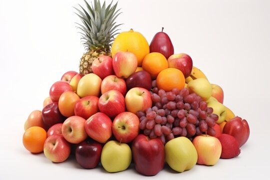 Assorted fruits arranged by category on a white background for visually appealing display
