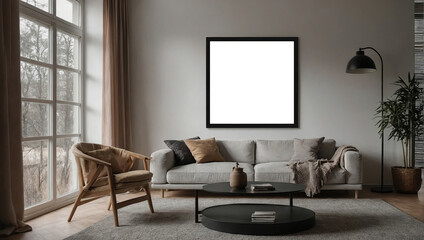 Fototapeta premium Frame mockup, ISO A paper size. Living room wall poster mockup, Interior mockup with house background