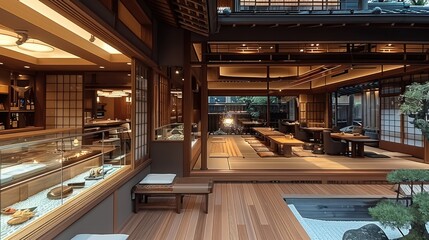 An exquisite Japanese restaurant where modern luxury blends with traditional aesthetics. Generative AI.