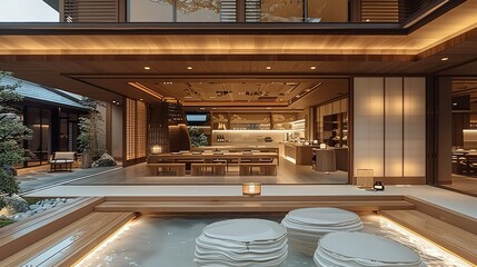 An exquisite Japanese restaurant where modern luxury blends with traditional aesthetics. Generative AI. - obrazy, fototapety, plakaty