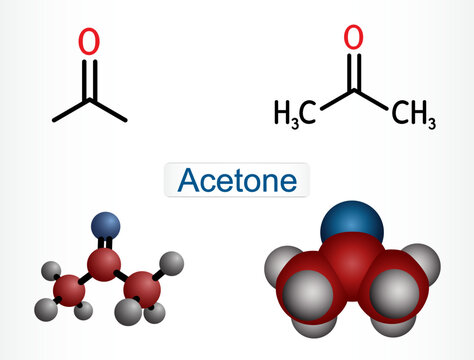 Acetone ketone molecule. It is organic solvent. Structural chemical formula and molecule model.