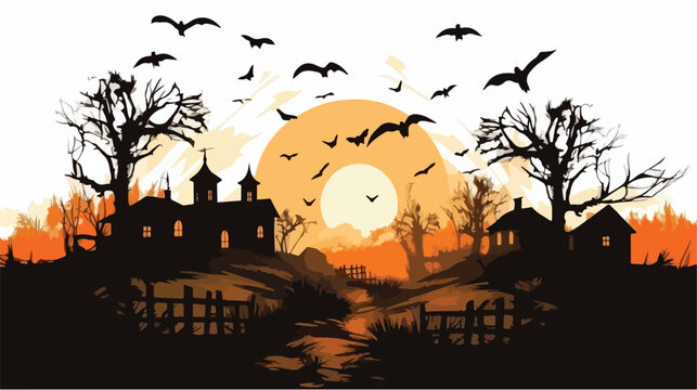 Halloween pumpkins and houses trees crosses crow 