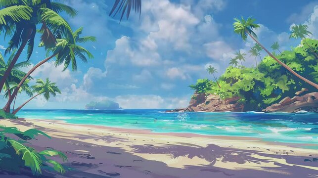 Animated seamless looping of tropical coastline and sea wave with coconut trees, cartoon painting illustration style. Generative AI