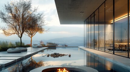 Architecture with a fire pit surrounded by water. Generative AI. - obrazy, fototapety, plakaty