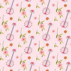 Seamless pattern with banjos and flowers in pink.