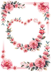 Wedding floral rectangular square pink frame; wreath with roses and camellia. Design for greeting card; Wedding invitation
