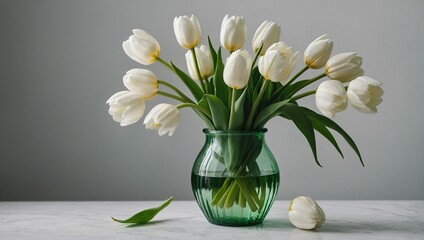 white tulips in green glass vase on white background