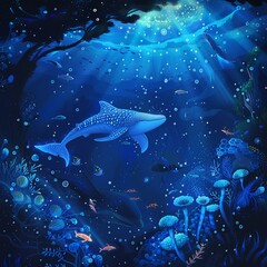 Naklejka premium Underwater world with bioluminescent creatures