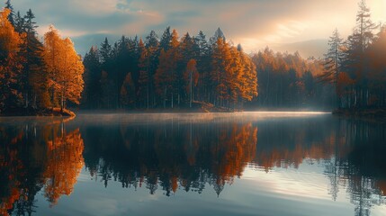 Lake scenery, conifer trees and broadleaf trees autumn in sunset. Generative AI.