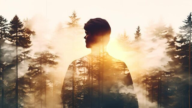 man is standing in a forest with trees in the background. The sun is shining through the trees, creating a beautiful and serene atmosphere
