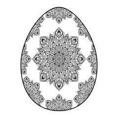 Hand drawn silhouette of Easter ornamental egg with pattern, curls, flowers, leaves. Decorative Easter holiday, floral spring egg. Vector outline sketch illustration isolated on white background