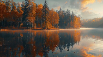 Lake scenery, conifer trees and broadleaf trees autumn in sunset. Generative AI.
