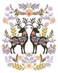 Postcard or poster made from folk art elements. Folk vector illustration with flowers and deer on a white background. Hand drawn folk flowers. Scandinavian traditional motif