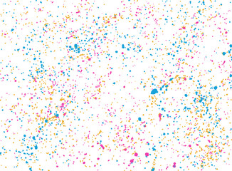 Fondo abstracto de salpicaduras grandes en colores alegres, tintas a tres colores salpicadas. Textura estarcida divertida, naif. Chorro de pintura real, salpicado con spray. Azul, rosa y naranja