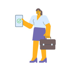 Businesswoman holding tablet and holding suitcase