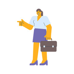 Businesswoman points finger and holding suitcase