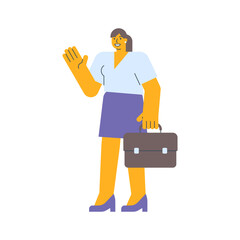 Businesswoman waves hand and holding suitcase