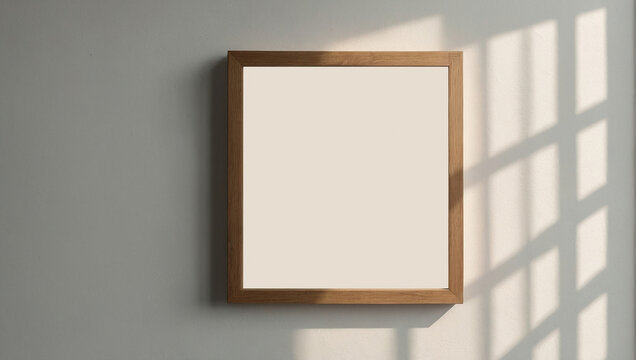 Small vertical wooden frame mockup in scandi style on empty neutral white wall background