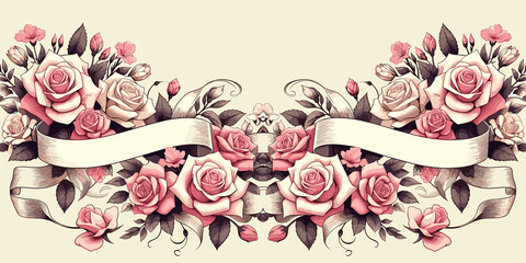 Greeting card with pink roses and ribbons, design for invitation and greeting card, Vector illustration., generative ai