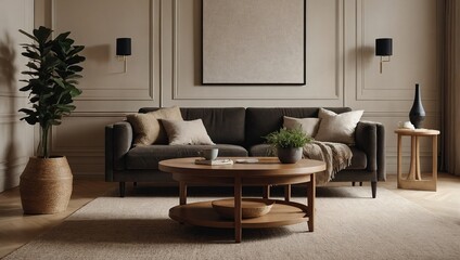 Fototapeta premium Round coffee table on beige rug near cozy sofa in room with classic paneling and poster, Scandinavian home interior design of modern living room